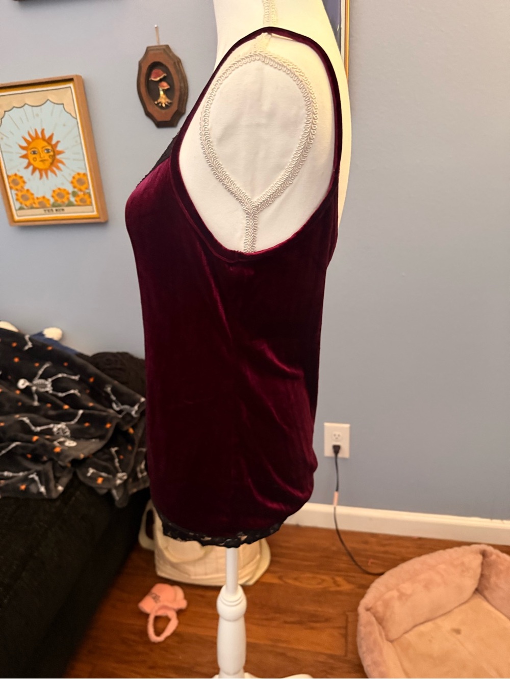 Velvet Lace Trim Cami Tank Top - Burgundy - Picture 4 of 5